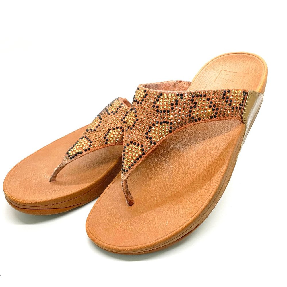 Fitflop women's flip flops in leopard rhinestone pattern - size 10